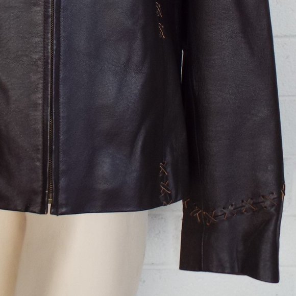 MONTANACO Large Chocolate brown zip front x laced lined leather jacket - Picture 4 of 4